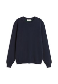 Pull bleu marine à col rond, à manches longues, avec des poignets et un ourlet côtelés, fabriqué en matériau tricoté doux. Sans motifs ni accents supplémentaires.