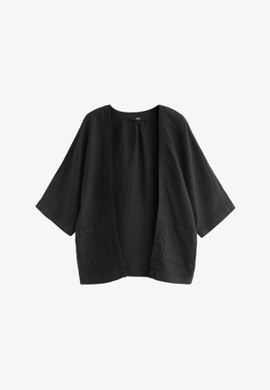 Black linen kimono-style cardigan with short sleeves, open front, and two front pockets. Soft texture with minimal stitching details.