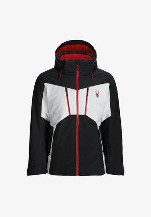 Skijacke in Schwarz, Weiß und Rot, mit Kapuze, kontrastierenden Farbpaneelen, Reißverschlusstaschen und einem Spinnenlogo auf der Brust.