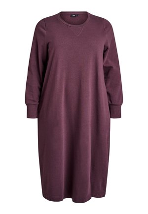 Langärmeliges, lila Kleid aus weichem Stoff mit rundem Ausschnitt, lockerem Schnitt und dezenten Nahtdetails an den Schultern.
