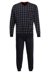 Marineblauwe loungewearset met ruitpatroon, voorzien van een v-hals, lange mouwen en een zak op de bovenkant. De broek heeft elastische boorden en een elastische tailleband.