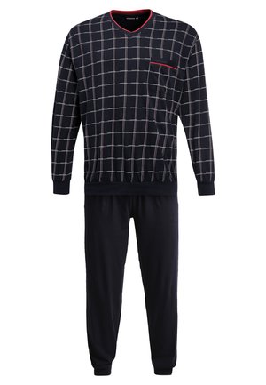 Conjunto de loungewear de patrón a cuadros en azul marino, que incluye un top con cuello en V, mangas largas y un bolsillo. Los pantalones tienen puños y cintura elásticos.