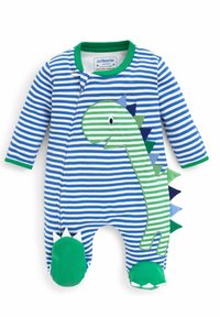 Body intero a righe con design di dinosauro verde. Materiali: cotone. Colori: blu, verde e accenti bianchi. Include copriped i e spine.