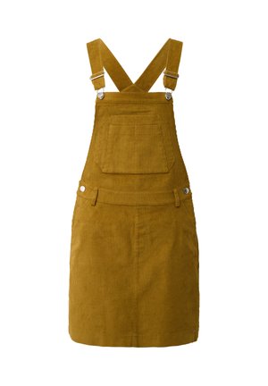 Abito salopette in velluto a coste di colore giallo senape, con spalline incrociate regolabili, tasca frontale e tessuto a coste testurizzato.