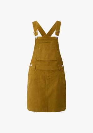 Korduroy-Kleid in Senfgelb, mit verstellbaren Kreuzträgern, Taschen vorne und strukturiertem Rippstoff.