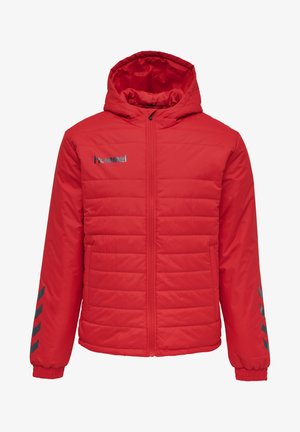 Rote gepolsterte Jacke mit Kapuze, mit einem Reißverschluss vorne, elastischen Bündchen und grauen Zickzackmuster-Akzenten an den Ärmeln. Logo auf der Brust.