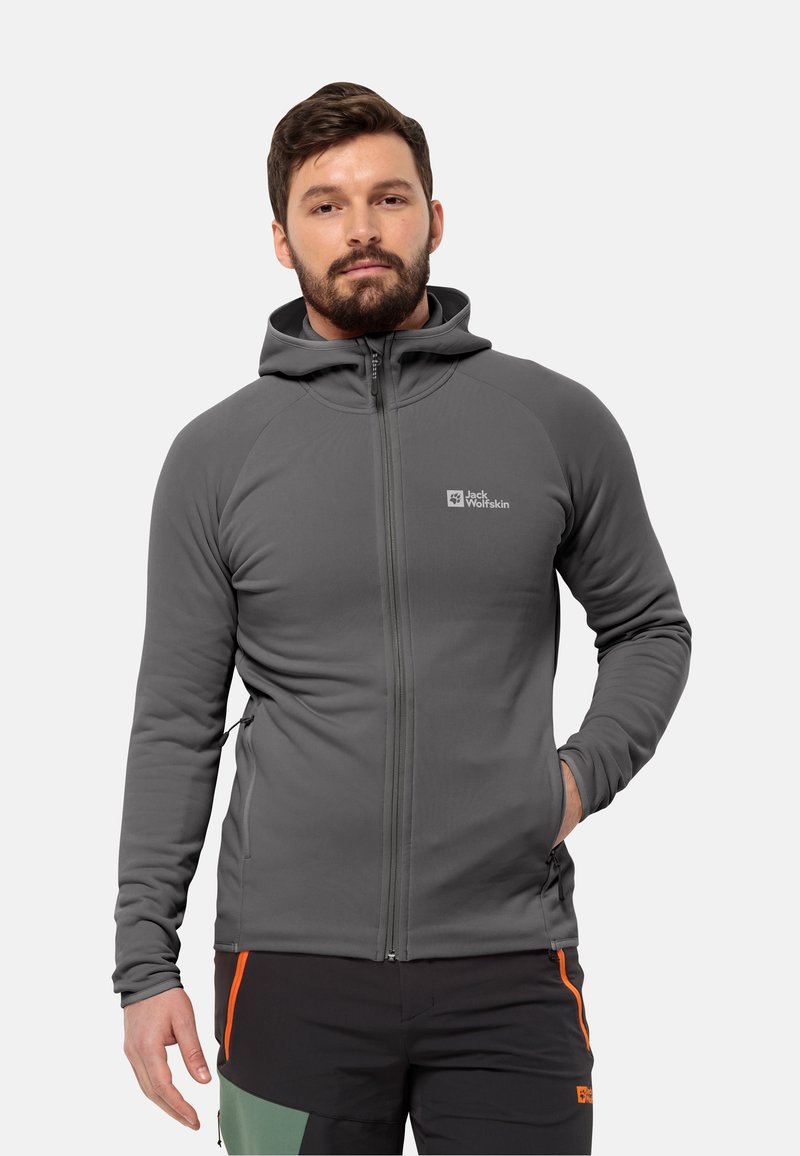 Grijze fleece hoodie met een voorrits, kraag met halve rits en logo-detail. Glad oppervlak en taps toelopend ontwerp met zijzakken.