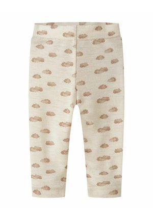 Beige baby leggings med elastik i taljen og et totalt mønster af brune skyer på en hvid baggrund.