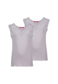 Two lavender sleeveless lace-trimmed tops with small white heart patterns and a front bow, shown against a white background.
