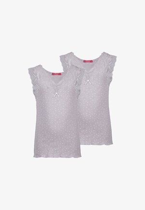 Two lavender sleeveless lace-trimmed tops with small white heart patterns and a front bow, shown against a white background.