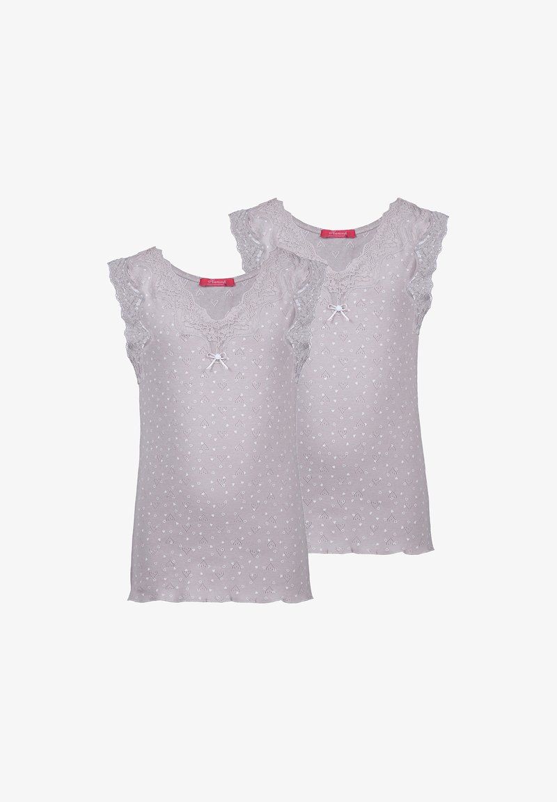 Two lavender sleeveless lace-trimmed tops with small white heart patterns and a front bow, shown against a white background.