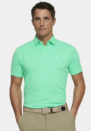 Mintgroene polo met een textuurstof; heeft een kraag en korte mouwen; bevat een klein wit logo op de linkerborst.
