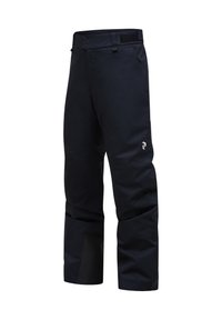 Zwarte waterdichte broek met een rechte pijpdesign, voorzien van twee knopen, een elastische tailleband en een subtiele logo-accent aan de voorkant.