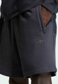 Grijze sportieve korte broek van zacht stof, met zijzakken en een geborduurd logo aan de linkerkant. Platte zoom en losse pasvorm.