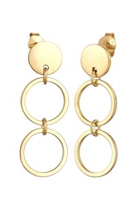 Orecchini in tono oro con due anelli circolari collegati da un anello più piccolo, con un gambo a perno circolare nella parte superiore. Superficie liscia e lucida.