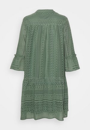 Green, lace dress with a tiered design, round neckline, three-quarter sleeves, and intricate patterns throughout. Back view shows detailed texture.