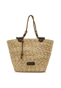 Bolsa tote de paja tejida en beige con detalles de cuero marrón y un cordón decorativo con cuentas de madera para las asas. Incluye una etiqueta con el logo.