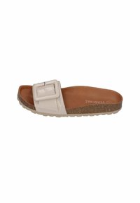 White patent slide sandal with a large square buckle, tan footbed, and cork-like sole. Smooth texture with rounded edges.