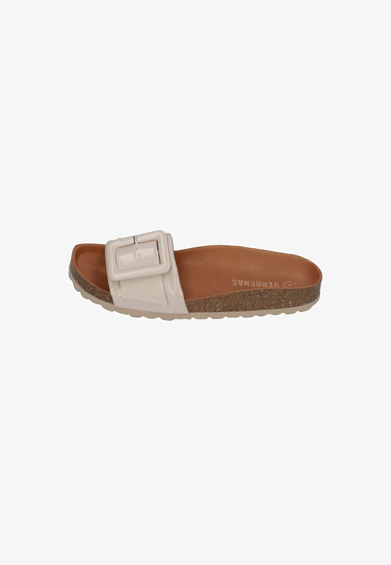 White patent slide sandal with a large square buckle, tan footbed, and cork-like sole. Smooth texture with rounded edges.