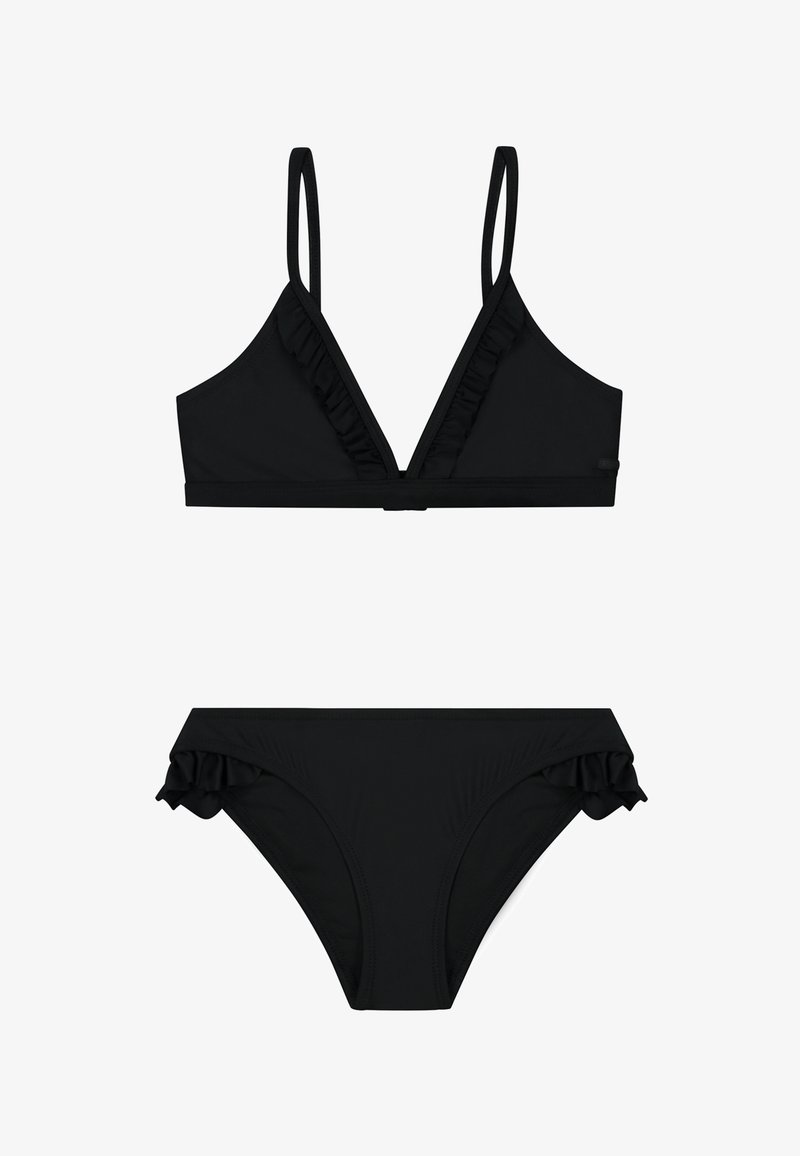 Crni bikini set izrađen od glatkog materijala. Gornji dio ima trokutaste čašice s naborima; donji dio ima nabore na bokovima. Minimalistički dizajn.