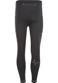 Sorte atletiske leggings med en glat overflade, der har sidelommer i mesh og en baglomme med lynlås, pyntet med hvide linjedetaljer.