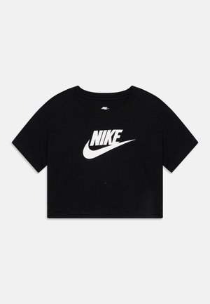 T-shirt noir court en coton avec des manches courtes. Présente un logo Nike blanc affiché en évidence sur la poitrine.