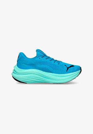 Blue running shoe with mesh upper, textured design, thick light teal midsole, and black outsole. Features laces and logo accent.