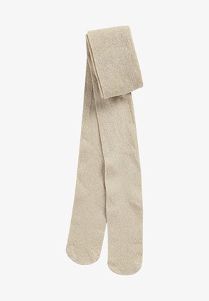 Beige, strukturierte Strumpfhosen aus einem glitzernden Material, ordentlich gefaltet mit einer glatten Oberfläche und ohne sichtbare Muster oder Hardware-Details.
