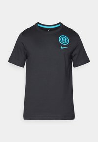 Sort bomulds T-shirt med korte ærmer, rund halsudskæring, med et blåt Nike-logo og et Inter Milan-emblem på brystet.