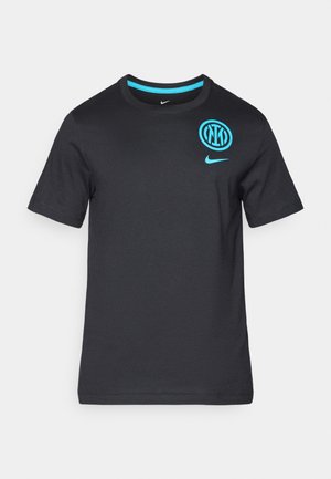 Black cotton t-shirt with short sleeves, round neckline, featuring a blue Nike logo and an Inter Milan emblem on the chest.