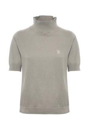 Maglioncino a maniche corte con collo alto in morbido grigio lavorato a maglia. Presenta un colletto e polsini a costine, con un piccolo logo ricamato sul petto.