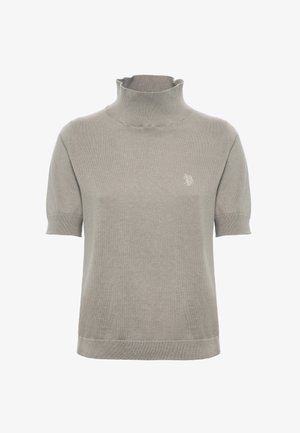 Maglioncino a maniche corte con collo alto in morbido grigio lavorato a maglia. Presenta un colletto e polsini a costine, con un piccolo logo ricamato sul petto.