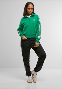 Sudadera verde con cremallera y rayas blancas en las mangas, combinada con pantalones negros que tienen rayas laterales blancas. Los zapatos son beige con detalles en negro.