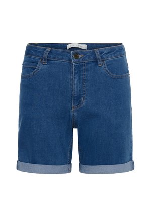Short en jean bleu avec ourlets roulés, bouton sur le devant, fermeture éclair, passants pour ceinture et poches avant.