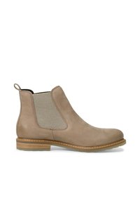 Botte Chelsea en daim marron clair avec panneau latéral élastique, languette de tirage au talon et semelle en bois empilée basse sur fond blanc.