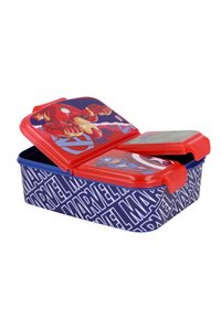 Lonchera roja y azul con diseños de superhéroes de Marvel, que cuenta con una tapa con bisagra y compartimentos separados. Hecha de plástico duradero.