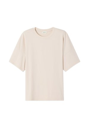 Beige oversized short-sleeve T-shirt with a round neckline and smooth fabric, laid flat on a white background.
