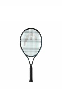 Tennisset met een zwart frame, blauw snarenpatroon en een getextureerde zwarte grip. Heeft een brede ovale kop en een slanke nek.