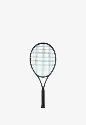 Tennisschläger mit schwarzem Rahmen, blauem Saitenmuster und griffigem schwarzen Griff. Verfügt über einen breiten ovalen Kopf und einen schlanken Hals.