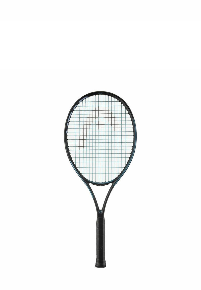 Tennisset met een zwart frame, blauw snarenpatroon en een getextureerde zwarte grip. Heeft een brede ovale kop en een slanke nek.