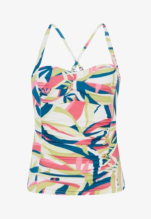 Badpak met verstelbare banden, met een multicolor abstract patroon van roze, groen en blauw op een witte achtergrond. Structuurstof.