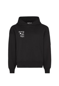Black cropped hoodie made of cotton blend, featuring a front logo "Women of the Wave" in white, with a drawstring hood and ribbed cuffs.