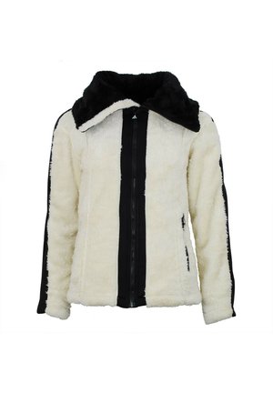 Veste en fausse fourrure avec un corps crème, des panneaux latéraux noirs, un col noir et une fermeture éclair à l'avant. Texture douce et coupe décontractée.