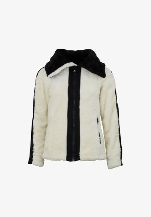Veste en fausse fourrure avec un corps crème, des panneaux latéraux noirs, un col noir et une fermeture éclair à l'avant. Texture douce et coupe décontractée.