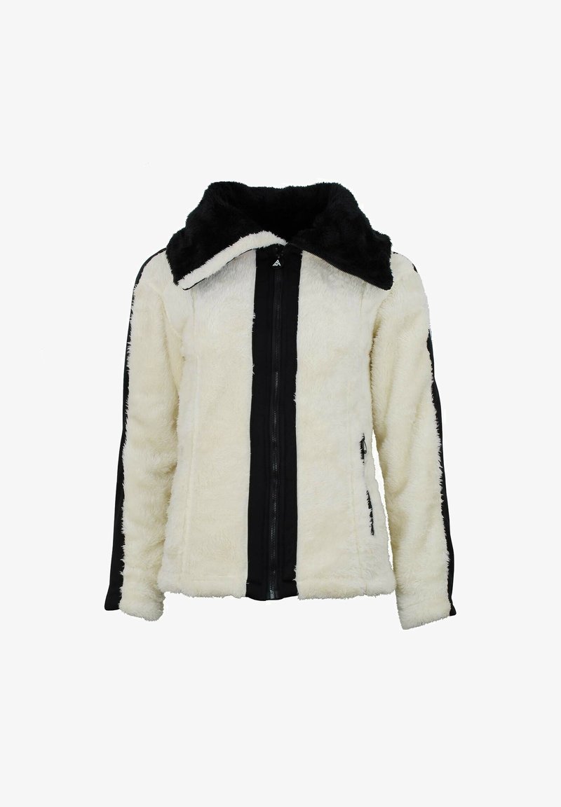 Veste en fausse fourrure avec un corps crème, des panneaux latéraux noirs, un col noir et une fermeture éclair à l'avant. Texture douce et coupe décontractée.