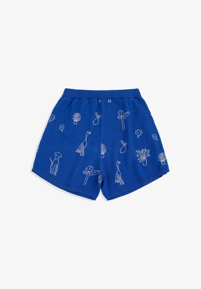 Shorts en tricot bleu avec motifs blancs en contour représentant des chiens, des plantes, des oiseaux et des feuilles répartis uniformément sur le tissu.