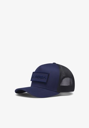 Navy blue baseball cap with a solid front and mesh back, featuring an embroidered logo patch. Curved brim and adjustable strap for fit.