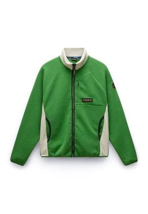 Giacca in pile verde con dettagli beige, colletto alto, zip completa e accessori neri. Presenta tasche laterali e una toppa con logo.