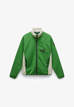 Grüne Fleecejacke mit cremefarbenen Akzenten, hohem Kragen, durchgehendem Reißverschluss und schwarzem Zubehör. Mit Seitentaschen und einem Logo-Patch.