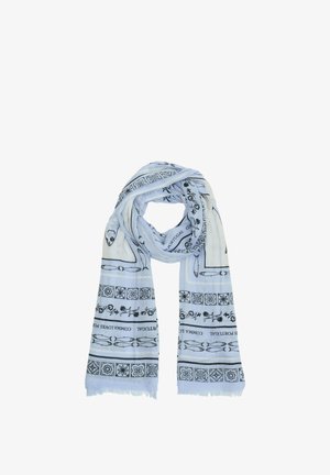 Jasnoniebieski szalik z powtarzającym się czarnym wzorem z kształtami geometrycznymi i rybami, zakończony postrzępionymi brzegami. Lekki materiał.